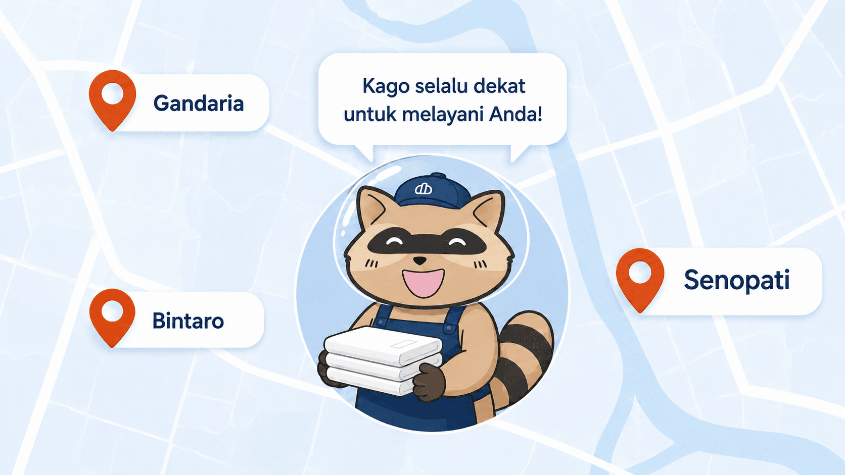 Taki menunjukkan lokasi outlet Kago Laundry di Gandaria, Bintaro, dan Senopati